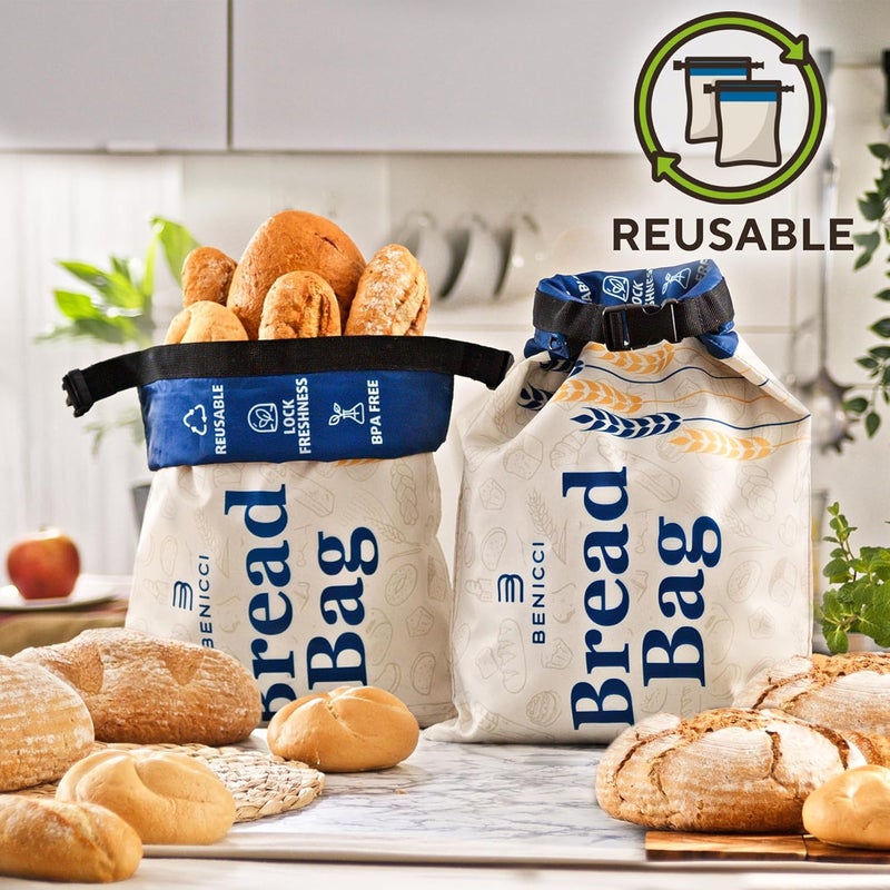 Benicci 2 Pack Reusable Bread Bags - Perfect To Store Homemade Sourdough Loaf Breads - Special Double-Lock for Longer Freshness - Extra Large Food-Grade Bags - Freezer-Safe Bags for Bread Lovers - Image 2